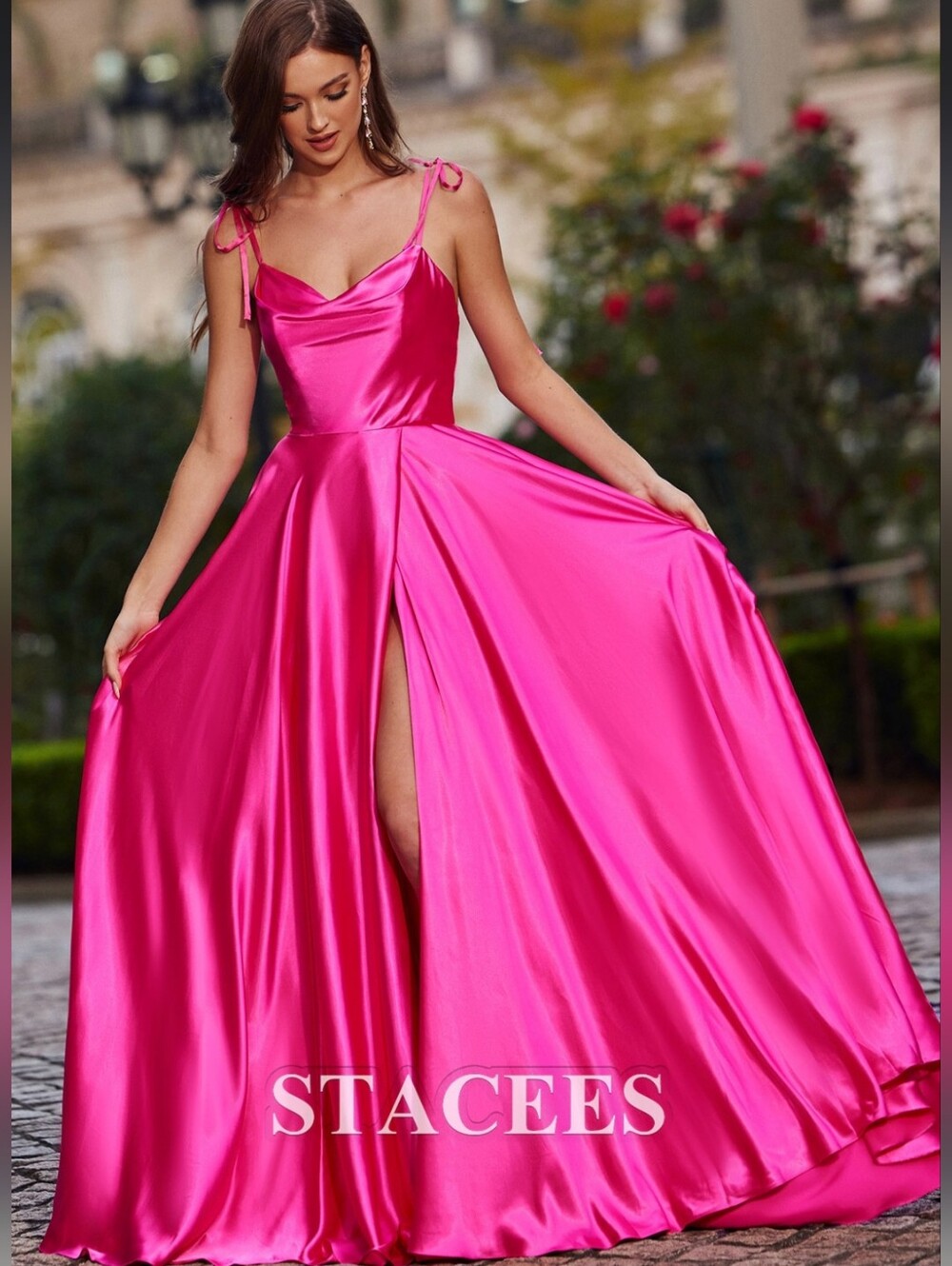 Women’s Fuchsia Satin Maxi Dress with Adjustable Spaghetti Straps